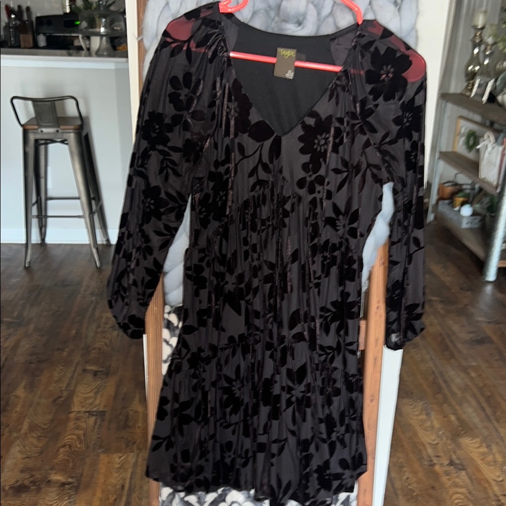 Taylor Black Sheath Dress with Bishop Sleeves and V-Neck